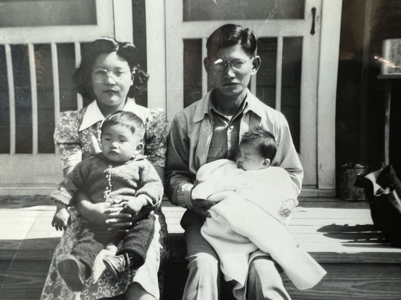 Christine Shimasaki's parents, Tom and Mitsuye Shimasaki with her brother and sister in the internment camp